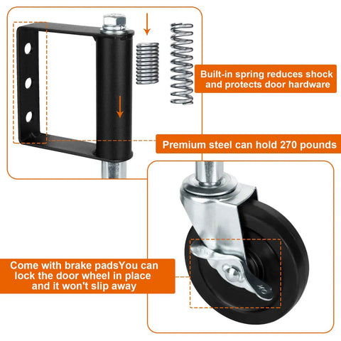Beefy Heavy Duty Gate Wheel Set 4 Inch Spring Loaded Caster For Wooden Gates with close-up of black spring and rubber wheel
