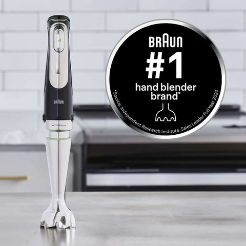 Badass Eight Attachment Hand Blender With Slick Smart Speed Controls And Instant Pulse Mode on kitchen counter.