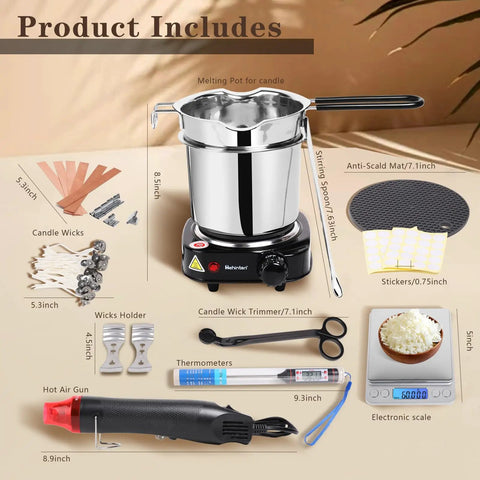 Pro Grade Double Boiler Wax Melter Pot For Candle Making Kit With Temperature Tools, showing all included items on a table.