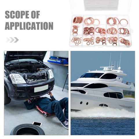 Copper Crush Washer Set 150 Pcs For Oil Drain Plug Gasket Kit With High Thermal Conductivity, Leakproof Seals, Boxed Storage, Versatile Sizes For Cars Trucks And DIYers. copper washers in compartment box, for car engine repair and boat use