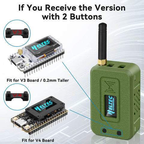 Dual Pack Esp32 Lora V3 Module Board Featuring Slick Hard Case And Reliable Battery showing V3 and V4 boards with buttons and antenna.