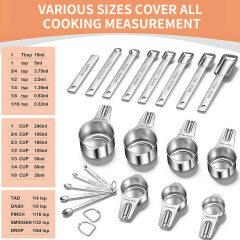 Stainless Steel Measuring Cups And Spoons Set With Nesting Square Design For Kitchen Includes 7 Cups And 7 Spoons Plus 5 Mini Spoons And 1 Leveler Durable 18 Zero Stainless Steel Gadgets For Cooking And Baking displayed on white background
