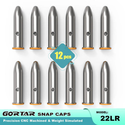 Image of 12-piece 22LR Snap Caps Training Rounds Set for safe dry fire practice and malfunction drills, close to real weight.