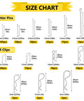 Size chart of Cotter Pins Kit, 320Pcs Stainless Steel Hairpin Clips And R Clips For Automotive, with dimensions and quantities.
