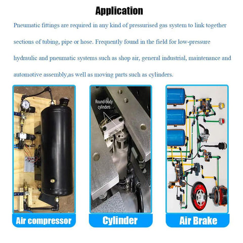 Application of pneumatic fittings in air compressors, cylinders, and air brake systems with focus on low-pressure applications.