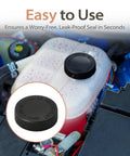 2Pcs Premium Leak Proof Coolant Reservoir Cap Set For OEM 21712 79900 installed on a coolant tank in a vehicle engine bay