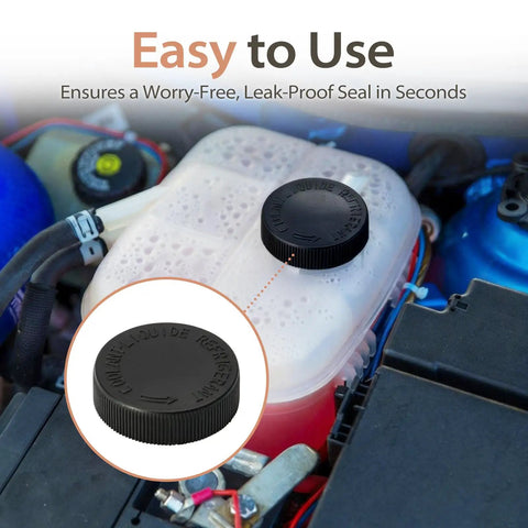 2Pcs Premium Leak Proof Coolant Reservoir Cap Set For OEM 21712 79900 installed on a coolant tank in a vehicle engine bay