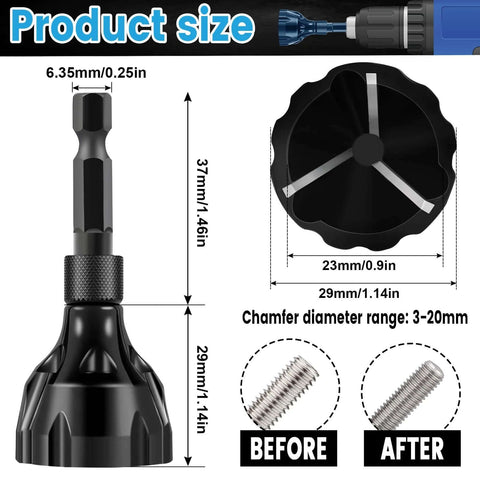Front view of Hakkin 2-pack hex-shank deburring external chamfer tool with carbide blade, quick-release; fits 1/8–3/4 in (3–20 mm) bolts.