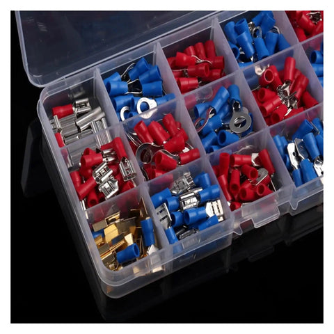 Top Quality 300 Pc Crimp Connector Assorted Set With Insulated Butt Ends For Electrical Wiring Red And Blue Copper Terminals Kit To Finish Any Job Right. Assorted red and blue insulated crimp terminals in a plastic organizer box.