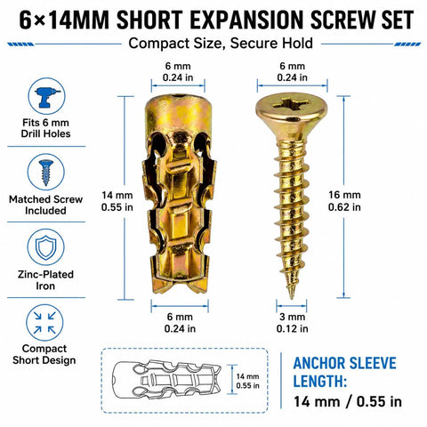 6x14mm Expansion Screw Set for Cabinet and Door Hinges Quick Hole Repair Kit dimensions and features