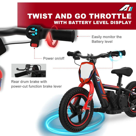 Lightweight Kid Friendly Electric Motorcycle 150W Up To 10 MPH With 24V Detachable Battery Dual Brakes shown in red with features.