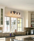 Four Light Matte Black Bath Vanity Light With Clear Glass Shades Industrial Farmhouse Sleek Modern Wall Sconce in kitchen