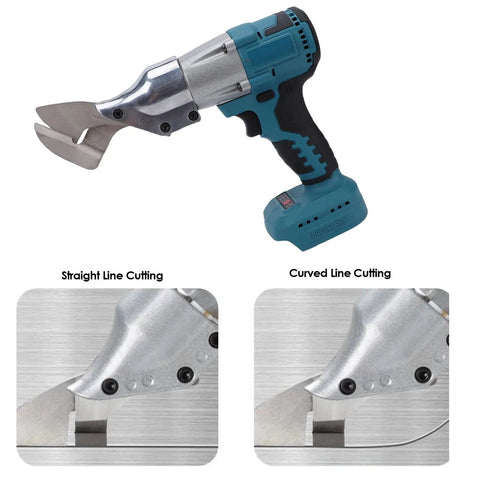 Eminchu Cordless Electric Metal Shears With 360 Rotating Head And Variable Speed Control, showing straight and curved cutting actions.