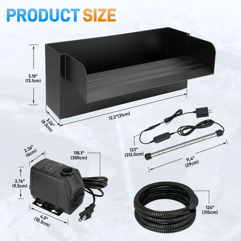 All In One Pond Waterfall Kit With LED Light And 12 Inch Stainless Spillway 880 GPH 45W Pump Filter Media Bag components