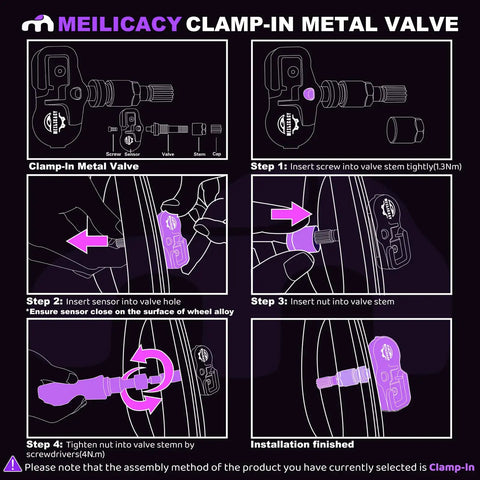 Illustrated steps for installing a Meililacy clamp-in metal valve on a tire wheel, including tightening and placement directions.