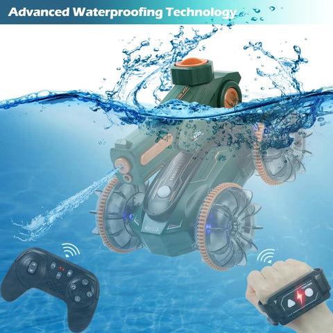 Amphibious RC Car Boat For Kids Ages Five To Twelve, Water Squirting Remote Control Vehicle With Lights, underwater view