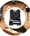 Absolute Killer Drill Press Mortising Attachment Set With Four Heavy Duty High Carbon Steel Chisels And Precision Pilot Rings in a black carrying case.
