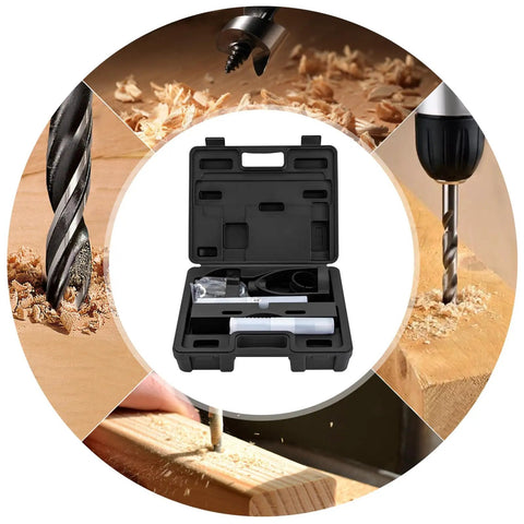 Absolute Killer Drill Press Mortising Attachment Set With Four Heavy Duty High Carbon Steel Chisels And Precision Pilot Rings in a black carrying case.