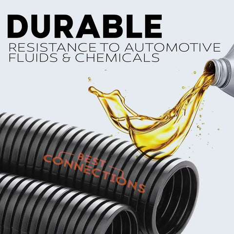 Three Pack Black Pro Grade Split Wire Loom Kit Convoluted Tubing One Quarter Inch Three Eighths Inch One Half Inch Twenty Feet Each Protective Cable Sleeves resistant to automotive fluids and chemicals.
