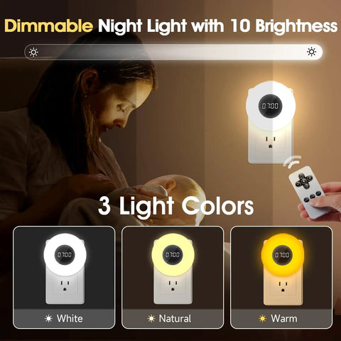 Dimmable night light with remote showing three color options for Two Pack Bathroom Clock With Dimmable Night Light And Remote Shower Timer, Three Color Light Options, 90 Lumen Shower Lights, Plug In Night Light, Compact Small Clock For Bathroom.