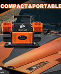 Heavy Duty 12V Portable Air Compressor featuring a dual cylinder pump on a vehicle hood.