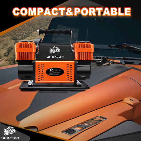 Heavy Duty 12V Portable Air Compressor featuring a dual cylinder pump on a vehicle hood.