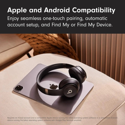 Solo 4 Wireless Bluetooth On-Ear Headphones Serving Serious Heat And 50-Hour Battery Life For Your Daily Ride Built With Ultra Lightweight Flex-Grip Cushions And Immersive Spatial Audio Technology In Matte Black on a tablet.