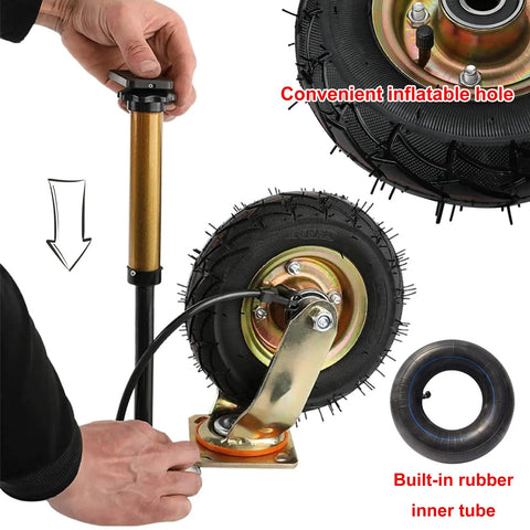 Heavy Duty Pneumatic Rubber Caster Set Featuring Smooth Swivel Brake Options Roll Like Butter On 8 Or 10 Inch Wheels showing air pump and wheel