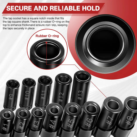 Close-up of 13 Piece Tap Socket Set Kit showing rubber O-ring for secure grip, includes 70500 and 71670 sockets.