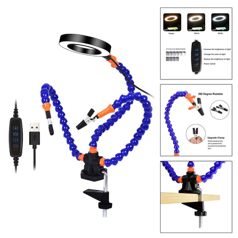Helping Hand Soldering Setup With Flexible 360 Degree Stainless Steel Arms 3X Magnifying Lamp Heavy Duty Aluminum Base Rotary Clips