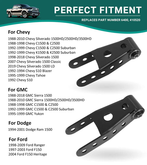 Two To Three Inch Rear Drop Suspension Shackles Kit For Chevy Silverado 1500 GMC Sierra 1500 Dodge Ram fitting guide display