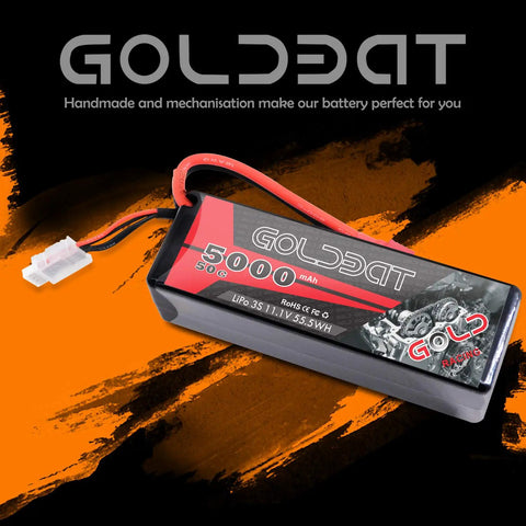 LiPo RC Battery Pack 11.1V 5000mAh 3S 50C With Hard Case And T Connector for Emaxx Axial RC Cars on black and orange background