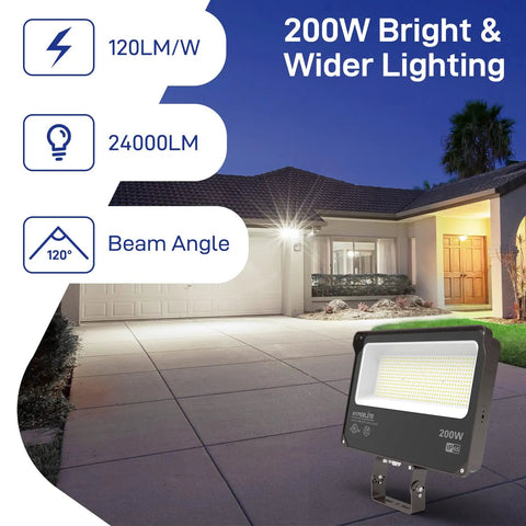 LED Flood Light 200W 24000LM 5000K Daylight IP65 Waterproof Outdoor Floodlights illuminating a driveway at night