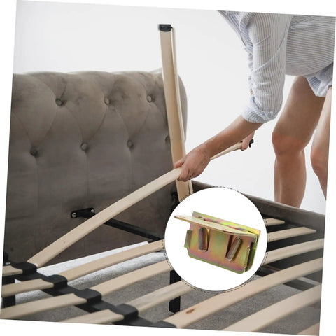 Heavy Duty Bed Rail Fastener Brackets Six Piece Kit With Reinforced Hinge Buckles For Secure Bed Frame Support in use, installing wooden slats.