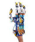 Ultra Dope Hands-On Hydraulic Cyborg Hand Kit For Stem Fans, Build A Wearable Mechanical Gripper Operated By Your Fingers Without Motors Or Batteries, Learn Pneumatic Systems, Features Adjustable Size Fit For Different Hands showing assembled hand with blue and yellow components