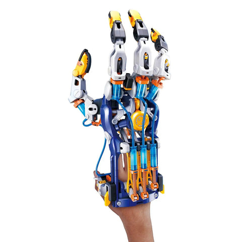 Ultra Dope Hands-On Hydraulic Cyborg Hand Kit For Stem Fans, Build A Wearable Mechanical Gripper Operated By Your Fingers Without Motors Or Batteries, Learn Pneumatic Systems, Features Adjustable Size Fit For Different Hands showing assembled hand with blue and yellow components