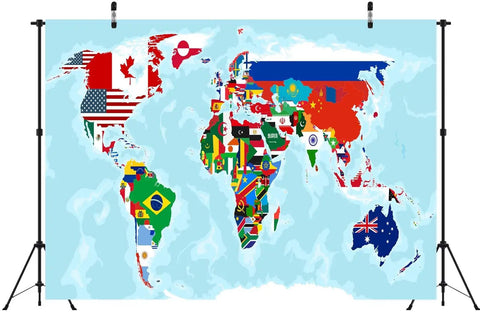5x3ft Fabric World Map Backdrop With Flags For Parties And Classrooms, International Flag Decor, on stand display