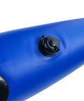Close-up of inflatable kayak outrigger stabilizer valve on portable blue accessory for paddling boats and canoes.
