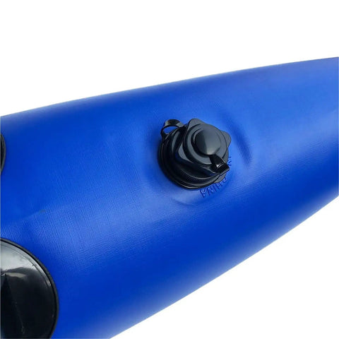 Close-up of inflatable kayak outrigger stabilizer valve on portable blue accessory for paddling boats and canoes.