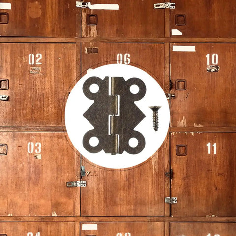 Vintage Iron Cabinet Hinges 20 Piece Small Butt Hinges for cabinets and jewelry boxes against wooden background