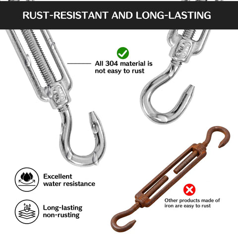 Comparison of rust-resistant stainless steel turnbuckle with rusty iron turnbuckle, highlighting durability and material quality.