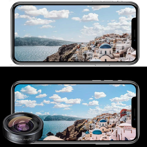 Image of phone screen showing landscape, with 120° wide lens from 3 In 1 Phone Camera Lens Kit With 198 Degree Fisheye, 120 Degree Wide Angle And 20x Macro, Clip-On Lens For iPhone And Android Smartphones.