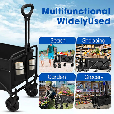 Foldable Collapsible Wagon Cart With All Terrain Wheels for beach, shopping, garden, grocery use, drink holders visible