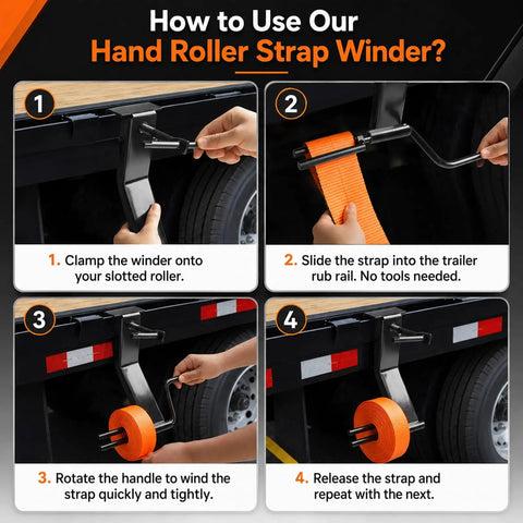 Heavy Duty Cargo Tie Down Strap Winder for Roll Up Flatbed Winch Straps Up To 4 Inches, Black Powder Coated Steel Hand Winder Tool For Trailers, Trucks, Vans, Warehouses And Docks, Built To Last And Easy Roll. How to use on trailer rail