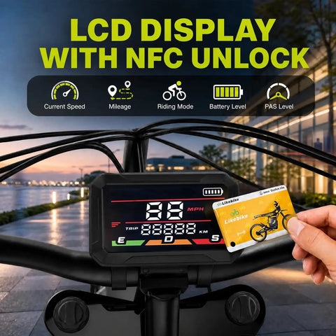 LCD display with NFC unlock on All-Terrain Fat Tire Electric Mountain Bike With 2000W Peak Motor, 48V 23Ah, 34MPH Ebike