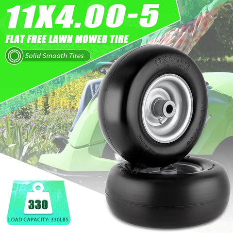 Flat Free 11x4.00-5 Lawn Mower Tires With Wheel Kit Two Pack showing solid black tires with centered hub visible