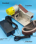 Mini Electric Belt Sander With Variable Speed Control And Grinding Wheel for Woodworking, complete with power supply and sanding belts.
