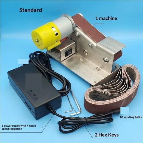 Mini Electric Belt Sander With Variable Speed Control And Grinding Wheel for Woodworking, complete with power supply and sanding belts.
