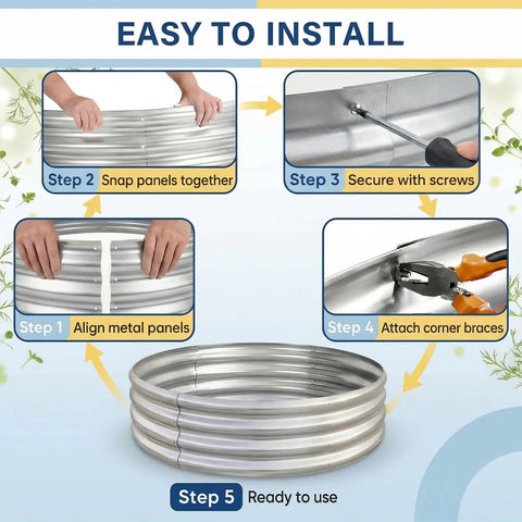 Installation steps for Two By Two By One Foot Galvanized Raised Garden Bed Set for outdoor use.