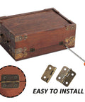 Mini 18x15mm Hinges Set For Wooden Jewelry Boxes And Cabinets With 50 Hinges And 200 Screws visible on a vintage wooden box